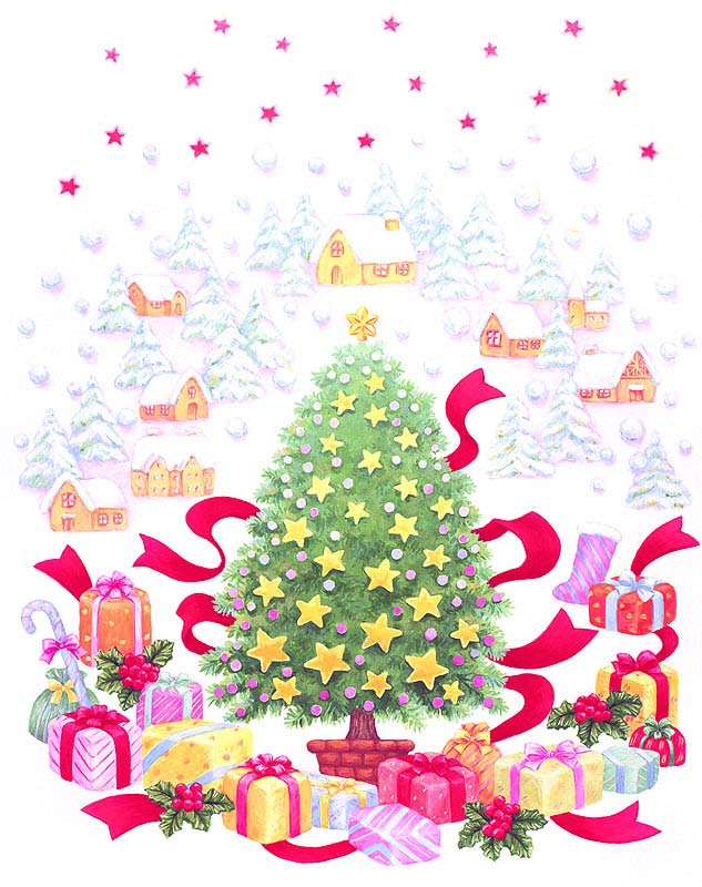 クリスマスイラスト 星のクリスマスツリーとプレゼントの背景