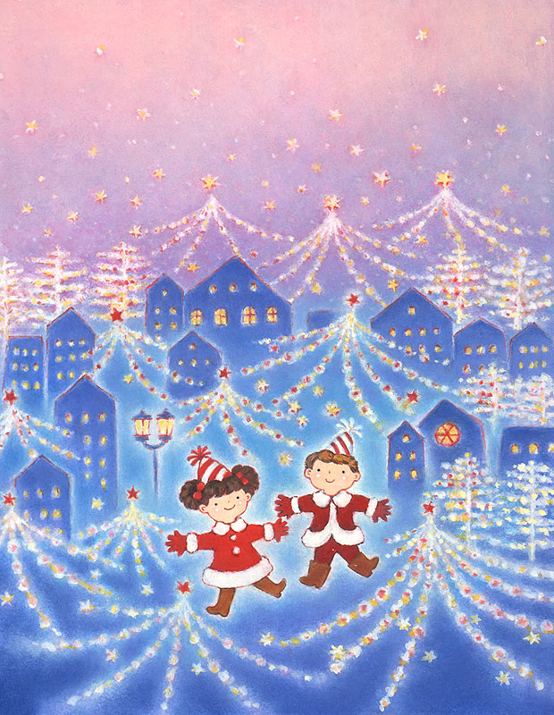 メルヘンイラスト クリスマスイルミネーションとサンタの子供