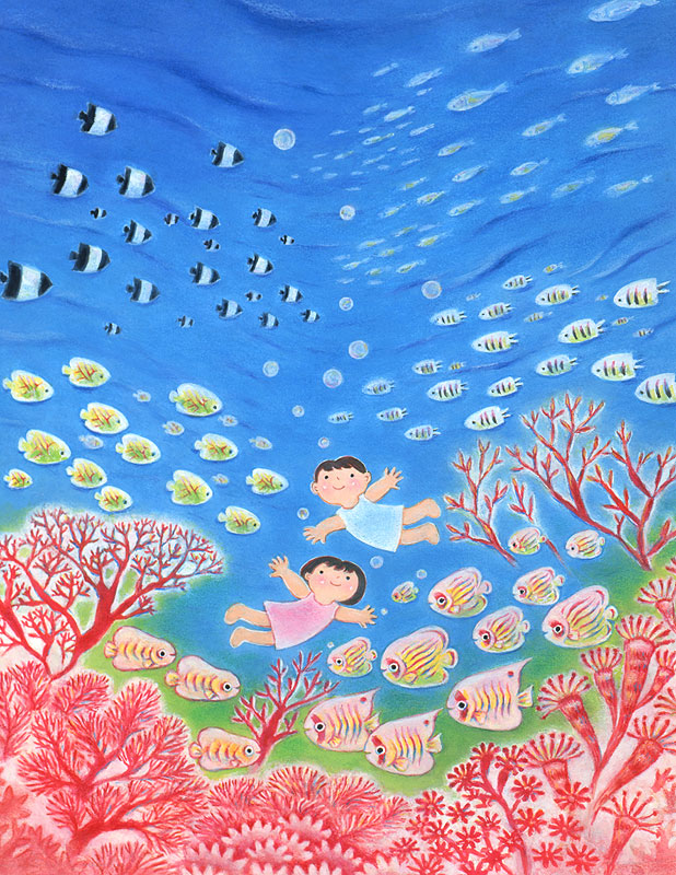 メルヘンイラスト サンゴと熱帯魚の海で泳ぐ子供