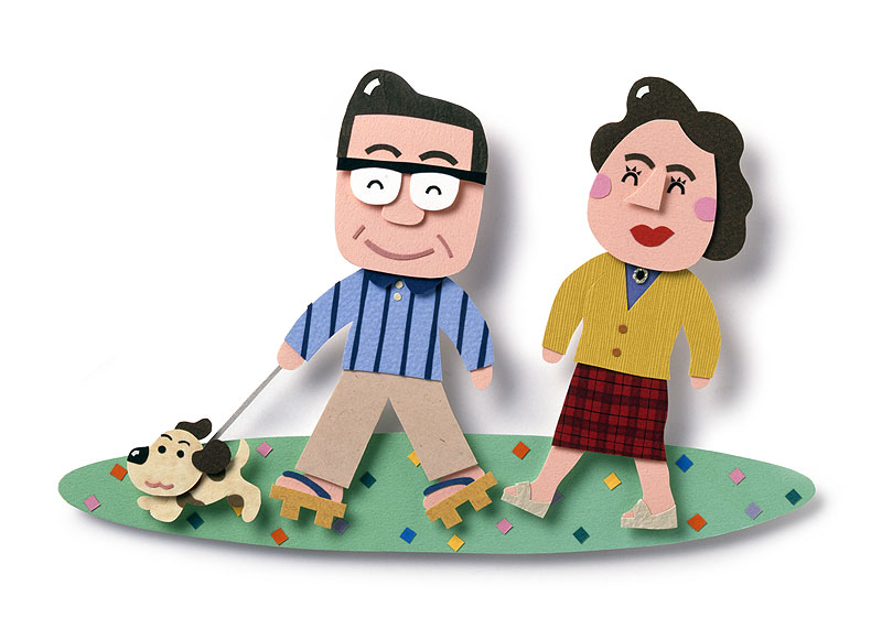 ファミリーイラスト 緑の上犬を散歩させる熟年夫婦