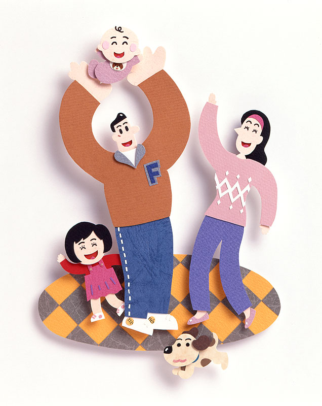赤ちゃんを高く抱き上げる元気な家族の手描きイラスト：笑顔あふれる親子の明るく楽しいひととき