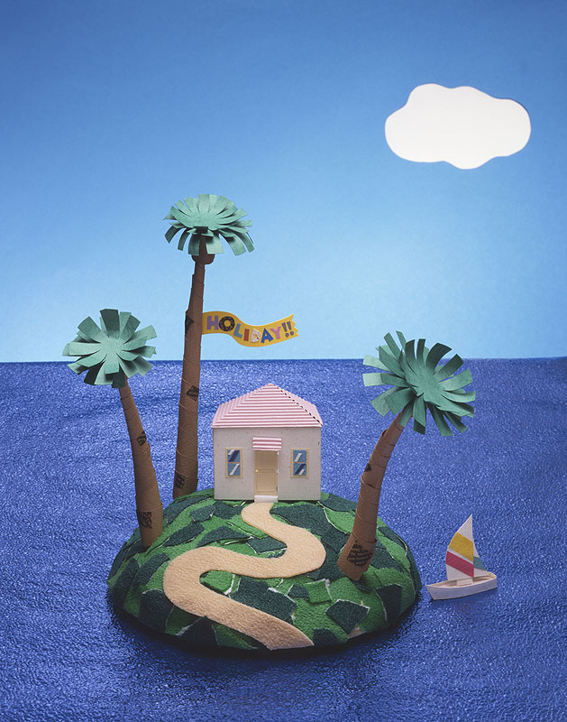 風景イラスト 海の中の島にある家 休日