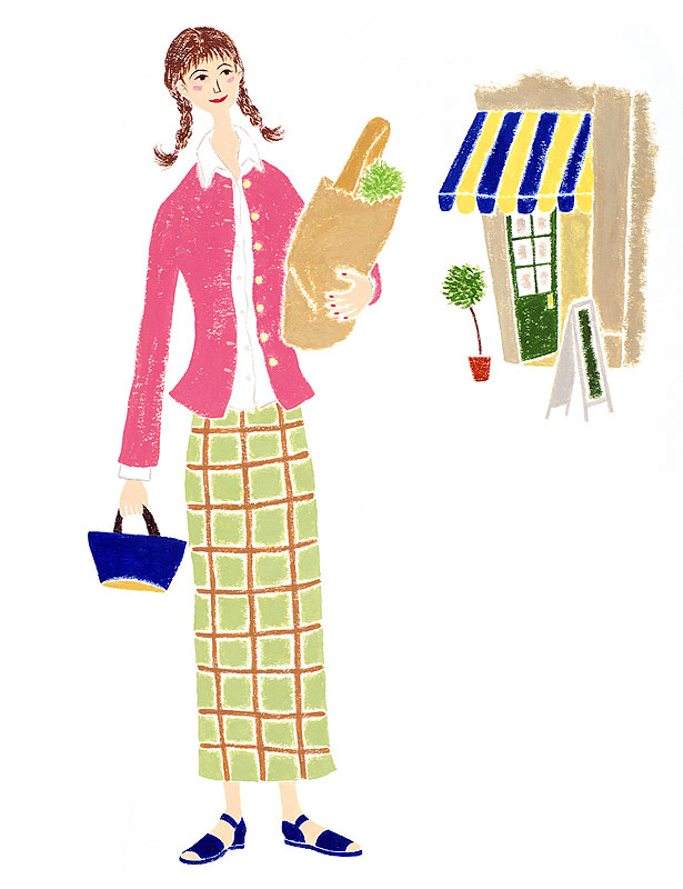 女性イラスト パンと野菜の入った紙袋を持つ女性