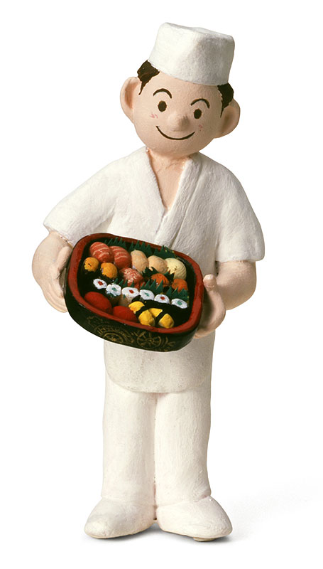 すし職人イラスト 寿司を盛りつけた寿司桶を見せる寿司職人