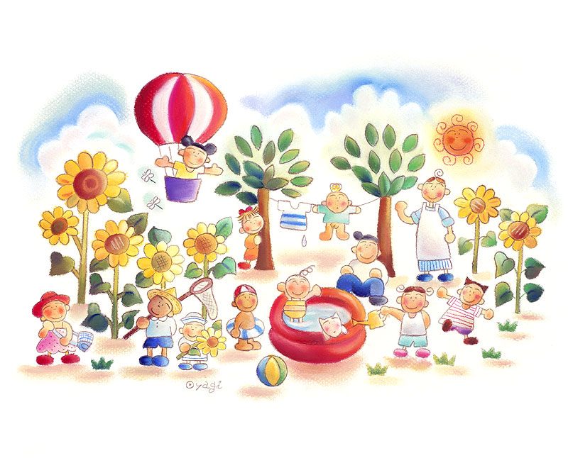 ファミリーイラスト 気球 ヒマワリ プールで遊ぶ子供や大人