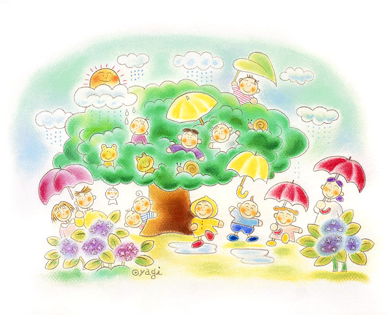 ファミリーイラスト 6月梅雨に傘をさして楽しそうな親子や恋人
