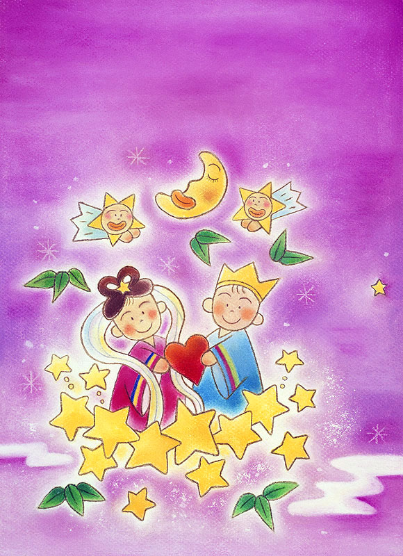 七夕イラスト 織り姫と彦星が天の川でデートする七夕の絵