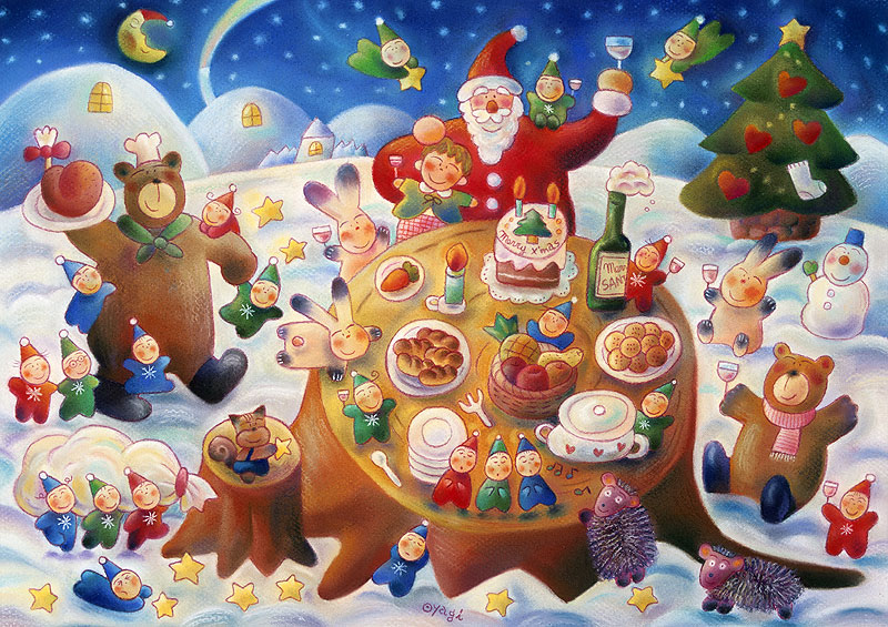 クリスマスイラスト サンタさんとクリスマスパーティーを楽しむクリスマスイラスト