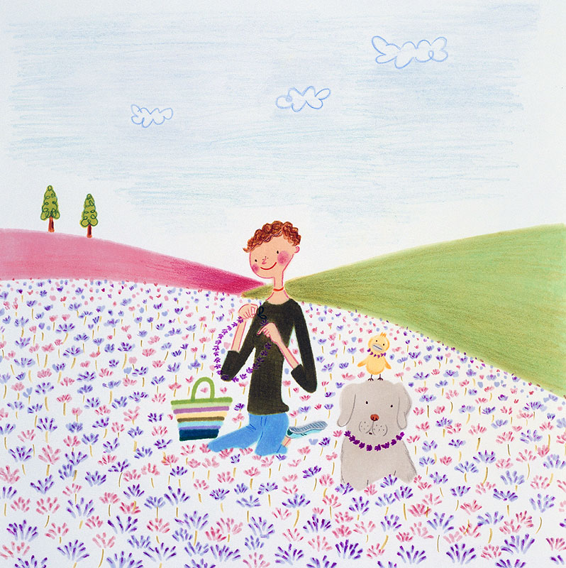 春の花畑と女性イラスト　花畑で花の首飾りをつくる女性と犬