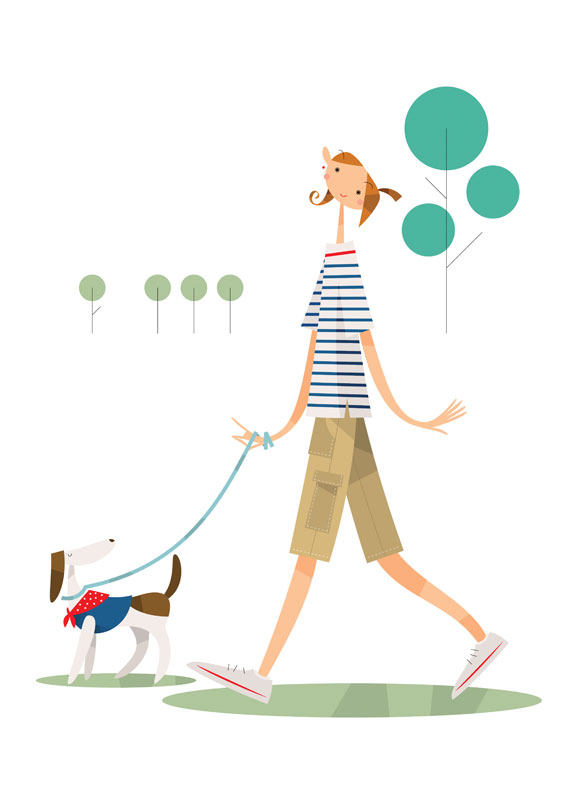 犬の散歩イラスト 犬を散歩させるボーダー柄の服の女性