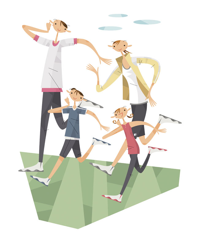 家族でランニングイラスト ジョギングする健康家族イラスト