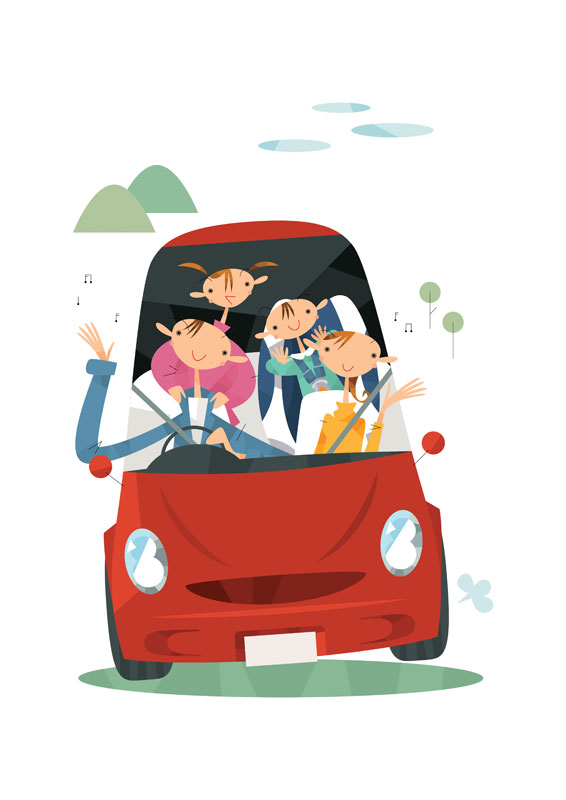正面向き赤い車でドライブを楽しむ家族のイラスト