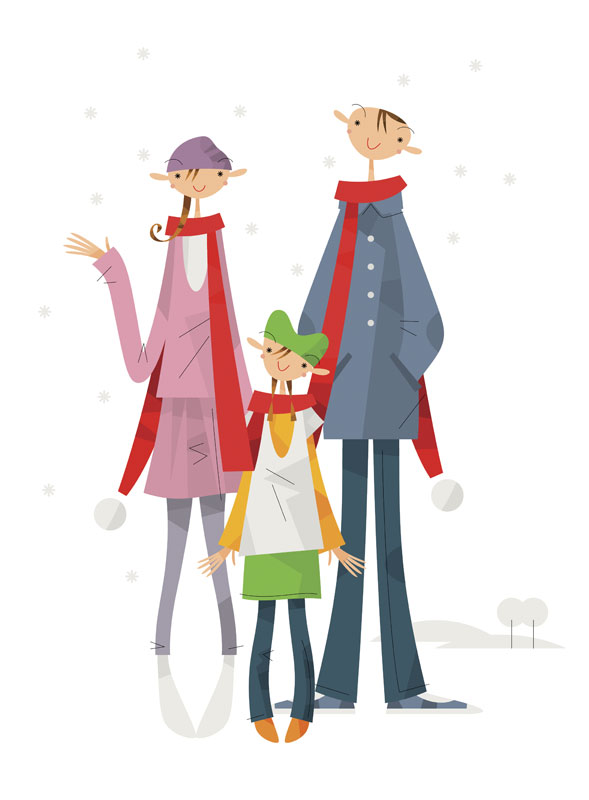  冬家族イラスト 雪降る中お揃いの赤いマフラーの家族