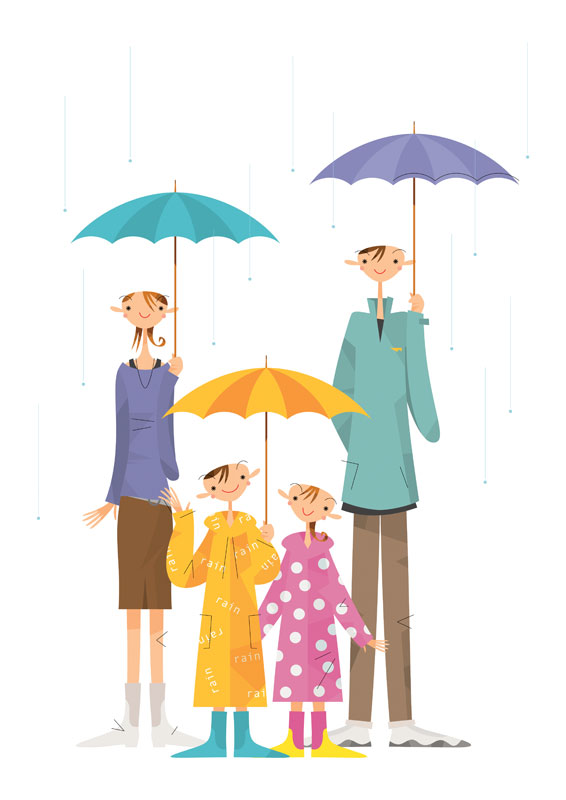 梅雨の雨に傘をさすオシャレな家族のイラスト