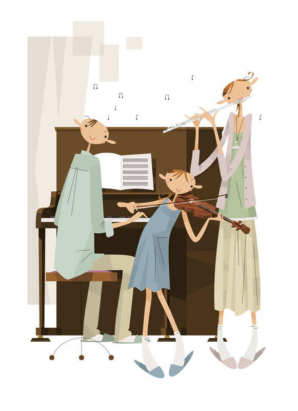 家で楽器を演奏する親子のイラスト