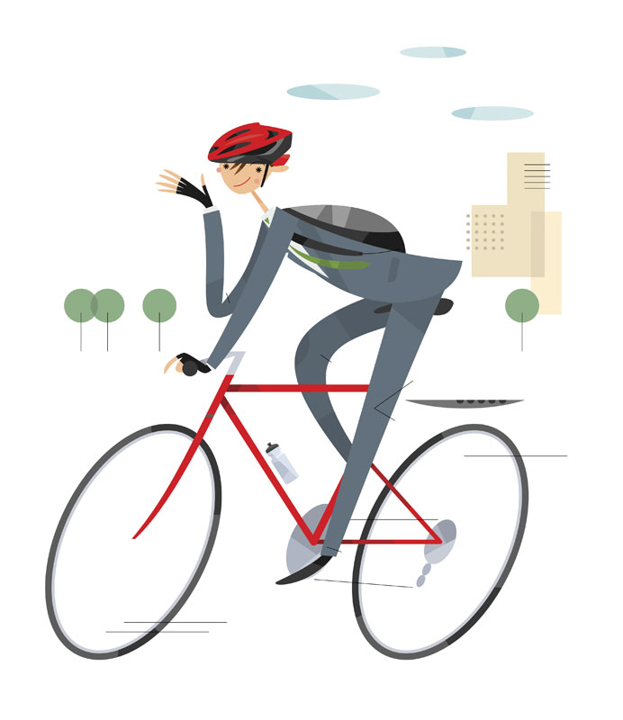 自転車通勤するスーツ姿の若い男性イラスト。