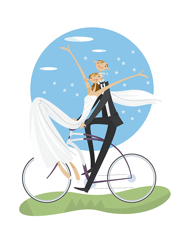 結婚式・ブライダルイラスト　自転車に乗る新郎新婦のカップル