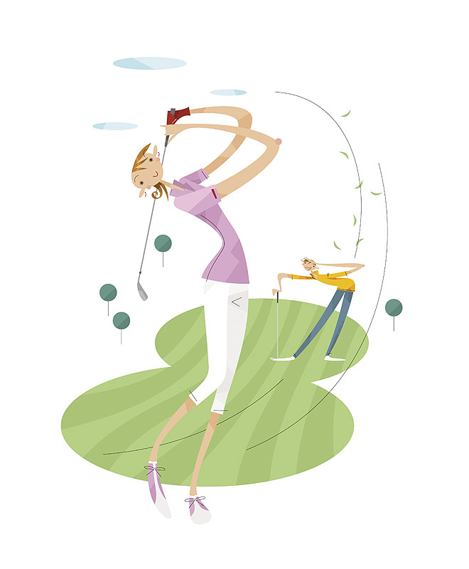 ゴルフ女性イラスト スイングするおしゃれな女性ゴルファー