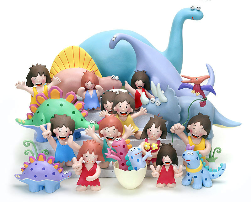 キャラクターイラスト　9匹の恐竜と子供たち