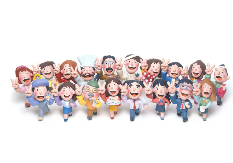 
多業種で働く笑顔の人々／チームワークと人材採用のクレイイラスト