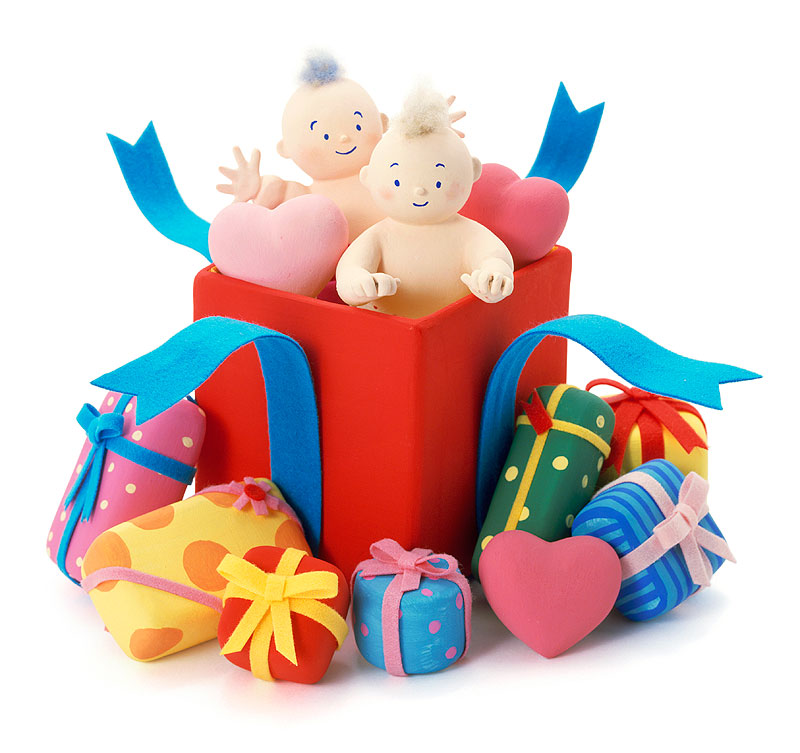 赤ちゃん誕生祝いイラスト 赤いギフトボックスの赤ん坊