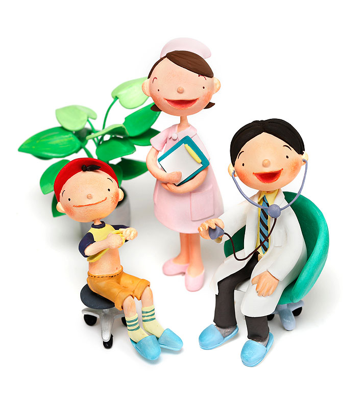 病院イラスト 診察室の医師と看護師と診察を受ける子供 小児科医