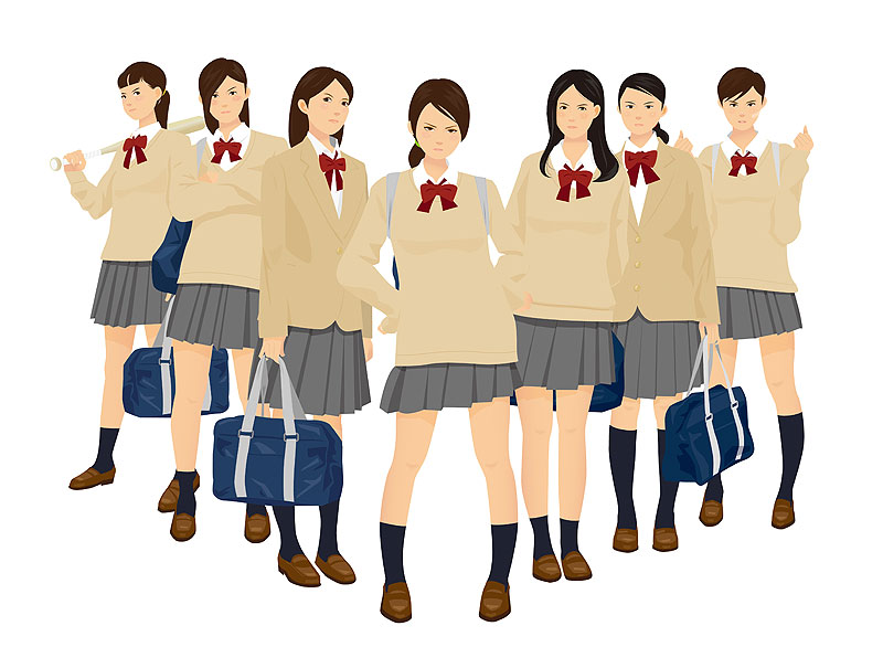 女子高生イラスト 闘争心を燃やす制服姿の女子高校生チーム