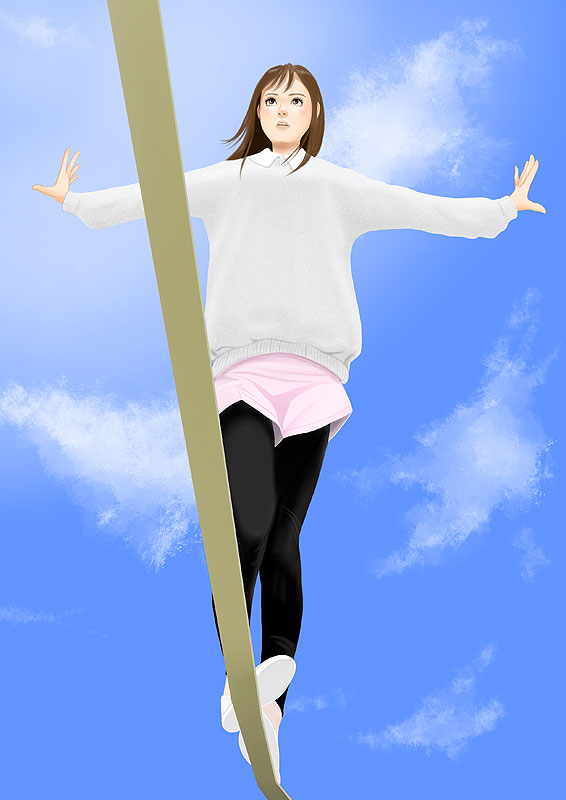 綱渡りイラスト バランスをとって綱渡りする少女と青空