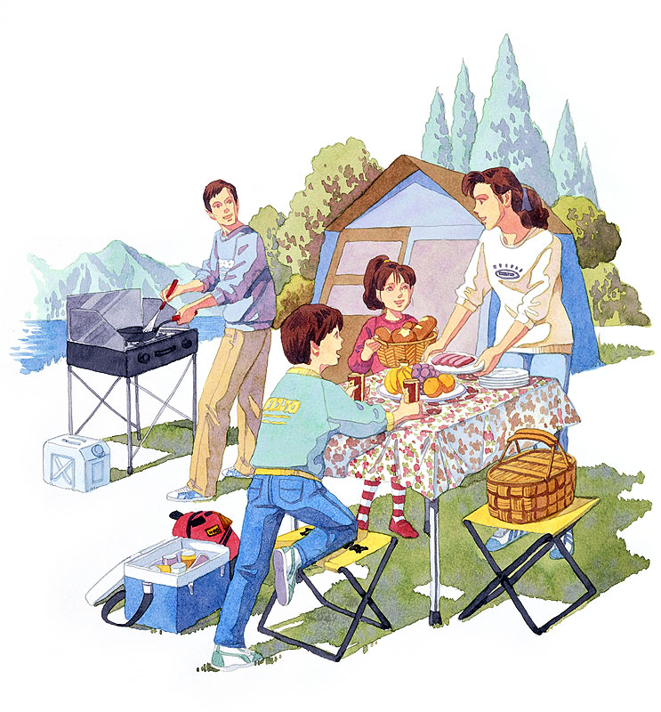 春のアウトドアイラスト　キャンプで食事の用意をする家族