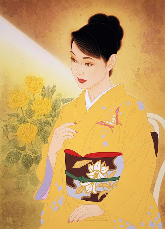 女性イラスト　黄色いバラと和服姿の女性