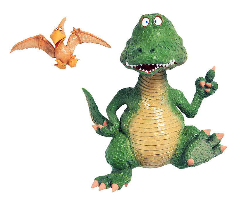 動物イラスト 上空を指差す緑色の恐竜とプテラノドン