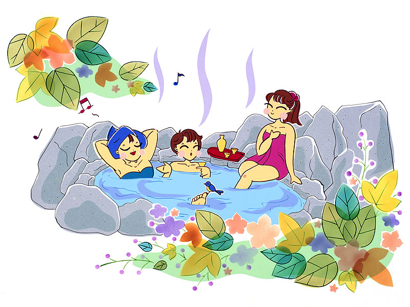 露天風呂イラスト 岩場の温泉露天風呂でくつろぐ女性