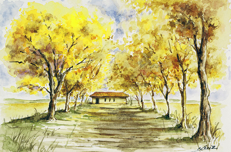風景イラスト 黄色く紅葉する並木道と小屋