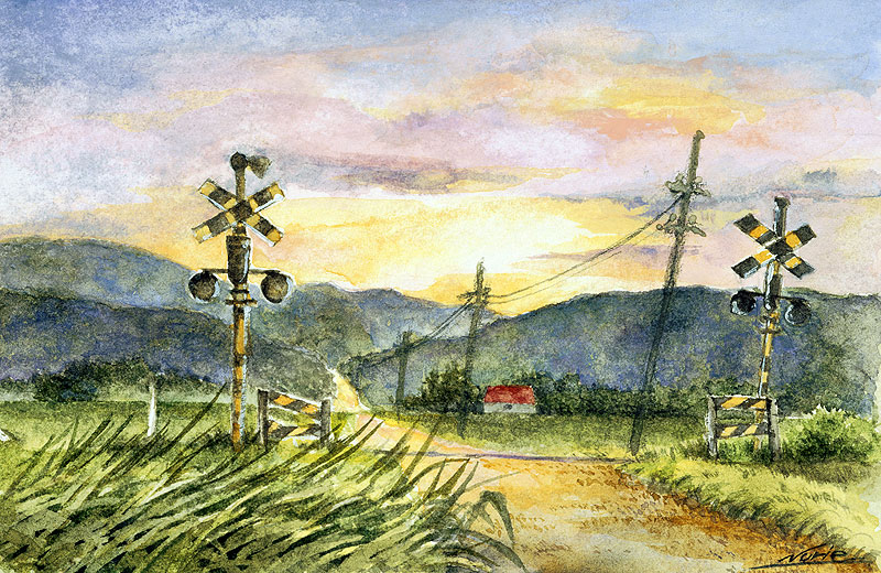 風景イラスト 夕焼け田舎道の踏切と電線と家