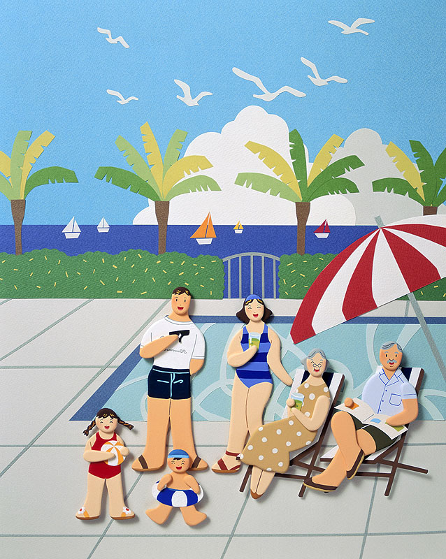レジャーイラスト 夏のリゾート プールでくつろぐ６人家族