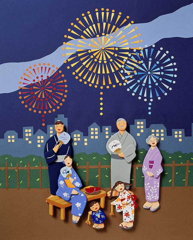 レジャーイラスト 夏の花火大会 庭で花火をする６人家族