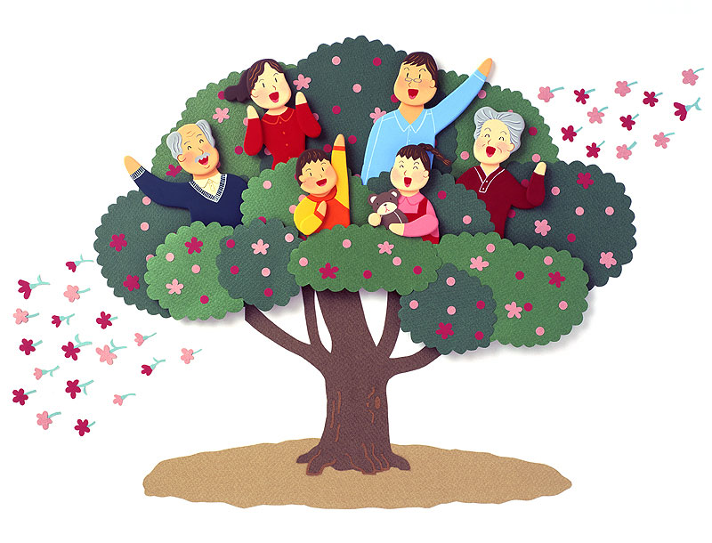 ファミリーイラスト 健やかに成長する花咲く木と元気な家族
