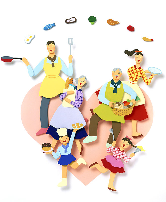 家族で料理 クッキングイラスト 色々な食材で愛情たっぷりに料理する家族