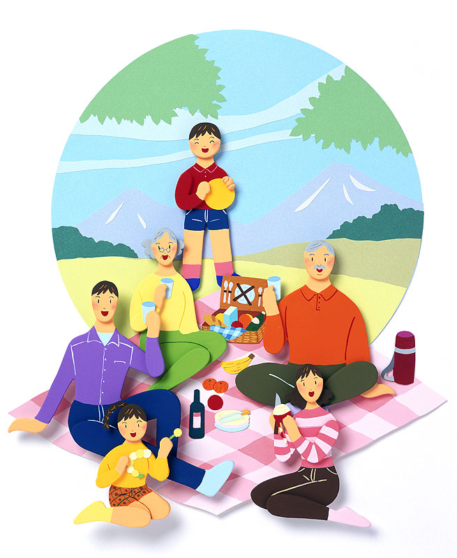 家族でピクニックイラスト 山ピクニックでランチを食べるファミリー