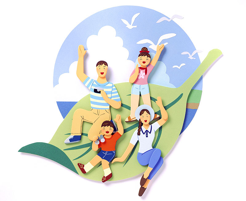 夏の家族イラスト 海と入道雲と仲良し家族イメージ