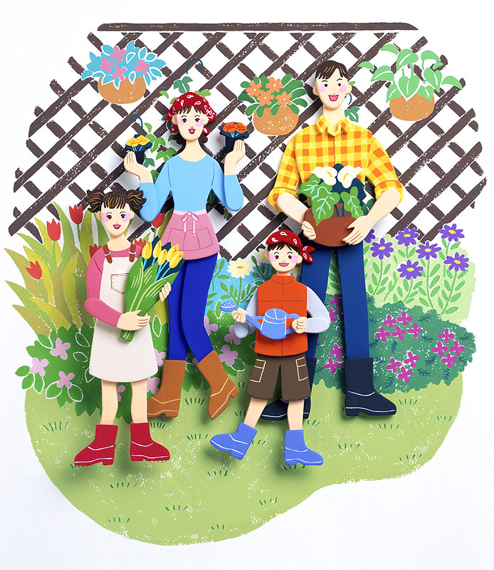 ガーデニングイラスト・園芸を楽しむ家族のイラスト