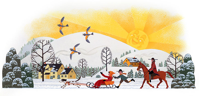 ファミリーイラスト　雪の町を走る家族と笑う太陽