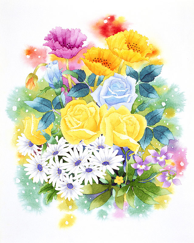 植物 花水彩画イラスト ポピーやバラなど春のブーケ花束水彩画イラスト