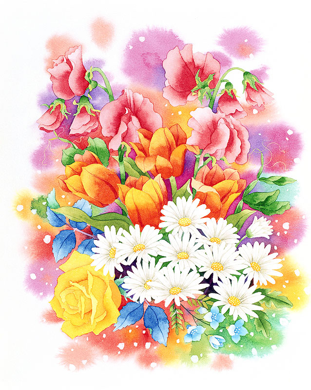植物 花水彩画イラスト スイトピーやチュ リップなど春のブーケ花束水彩画イラスト