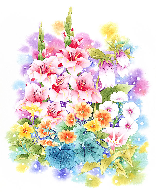 植物 花水彩画イラスト グラジオラスやホタルブクロなど夏のブーケ花束水彩画イラスト