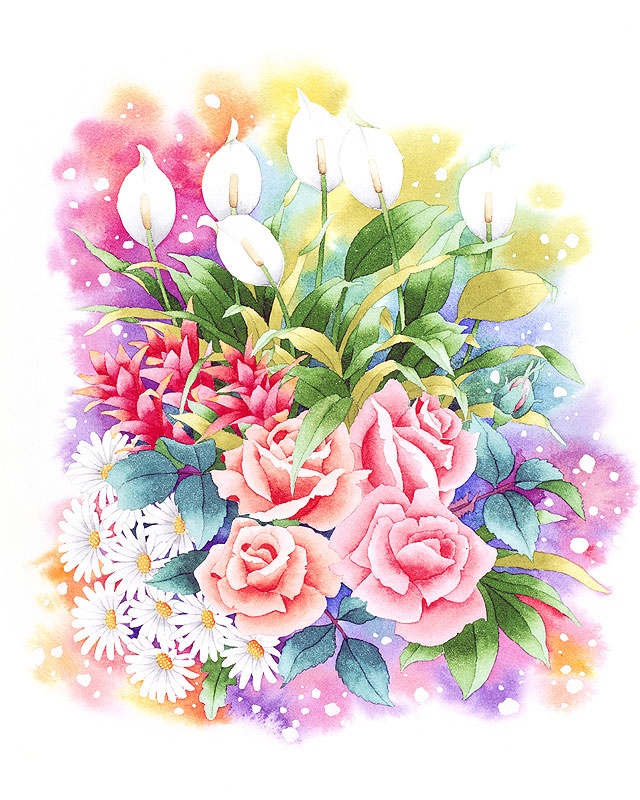 植物 花水彩画イラスト カラーやバラなど晩夏のブーケ花束水彩画イラスト