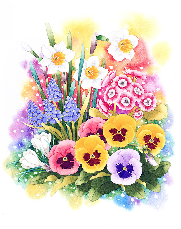 植物 花ブーケ花束水彩画イラスト スイセンやムスカリなど春のブーケ花束水彩画イラスト