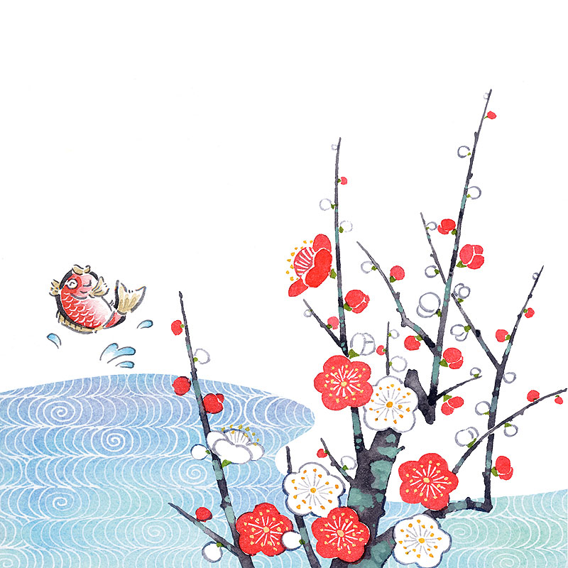 お正月イラスト 紅白の梅の枝と水からはねる鯛イラスト