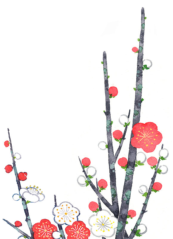 植物イラスト 紅白の梅の花が咲く枝イラスト