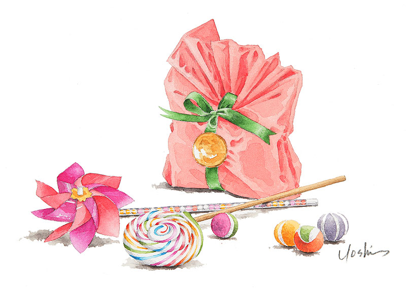 水彩画イラスト リボンで飾った菓子袋と風車にキャンディーの水彩画イラスト